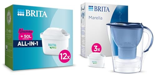 BRITA Pack de 12 cartouches filtrantes MAXTRA PRO All-in-1 - Nouveau MAXTRA + & Carafe filtrante Marella bleu (2,4L) inclus 3 cartouches filtrantes MAXTRA PRO All-in-1