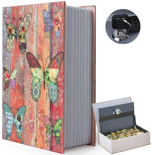 Coffre-fort papillon avec serrure à combinaison, coffre-fort vintage caché pour décoration, livre secret, boîte de rangement pour maison, bureau, café, bibliothèque (24 x 15 x 6 cm)