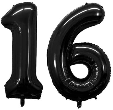Geburtstag zahlen Luftballon 16 jahre-Schwarz XXL Jumbo Folienballon 40 Zoll – 101 cm Luftballons 16 Geburtstag Junge Mädchen Babyparty Geburtstagsdeko Jubiläumsparty Dekoration