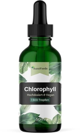 AuraVerde Chlorophyll tropfen - Hochdosiert 210mg - Rein aus Alfalfa, 100% VEGAN - Ohne Zusätze, Made in Germany - 50ml (1.500 Tropfen)