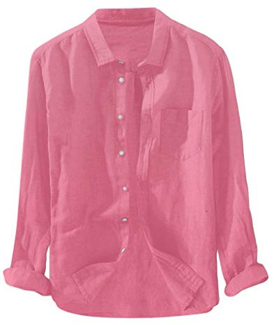 Chemise décontractée en coton et lin – Chemise boutonnée pour homme, coupe décontractée, manches longues, chemise Oxford décontractée unie avec poche de poitrine, col à bande, couleur unie, rose, XL