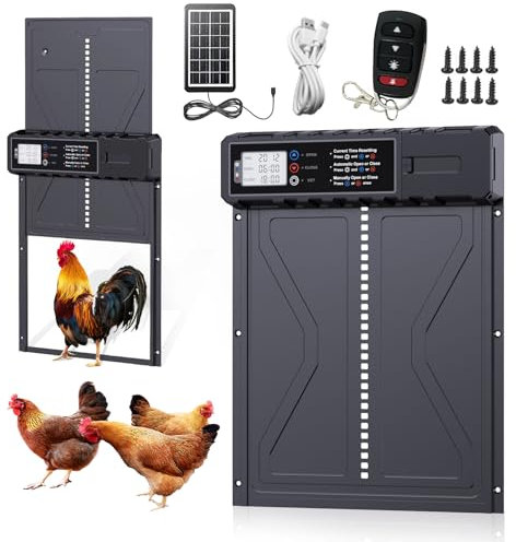 VHV Porte Poulailler Automatique Solaire,Batterie avec Écran LCD Programmable Étanche,Porte Automatique Poulailler en Aluminium avec Minuterie,Porte Automatique Poulailler,Ouvre-Porte Vertical (Noir)