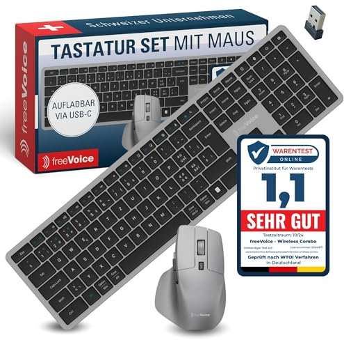 freeVoice Ensemble clavier souris sans fil et rechargeable I Clavier Bluetooth silencieux avec disposition allemande I Clavier plat avec souris sans fil pour PC, ordinateur portable, bureau et bureau