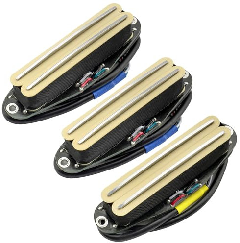 Musiclily Pro ST-DPHC Keramik Rail Blade Humbucker Tonabnehmer Single Coil Format Super Distortion Hals Mitte Steg Pickups Set für Strat Style E-Gitarre, Creme Körper Chrom Rail