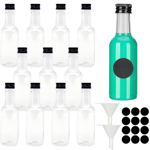 EuroChocolate: Set of 12 Clear Small Favourite Round Sample Bottles, 100ml, Reusable, Empty, Plastic, Juice Containers, with Stickers & Funnels, Ideal for Ginger Shots