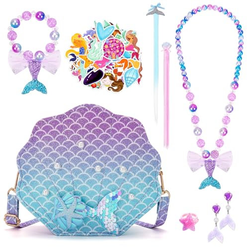 BTHRORO Meerjungfrau Handtasche Schmuck Set für Kinder, Prinzessin Kette Halskette Armband Ring Schmuckset Haarspangen Meerjungfrauen Aufkleber für Mädchen Rollenspiel Party Dress Up Geschenk