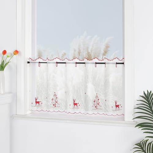 Yujiao Mao Weihnachtsgardine Scheibengardine mit Ösen mit festlichem Rentier- und Weihnachtsbaum-Motiv aus hochwertigem Polyester, ideal für Küche, Wohnzimmer und kleine Fensterk,rote HxB 45x140cm