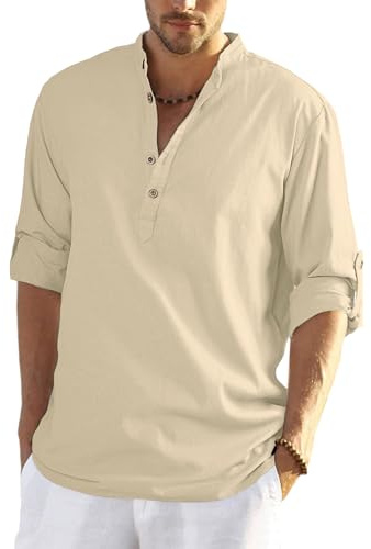 YAOHUOLE Men's Linen Shirt Long Sleeve Casual Grandad Shirt Collarless Henleys T Shirt Summer Beach Tops