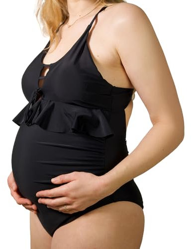 MYLILY Costume Intero Premaman con Volant | Piscina | Nero | Donna