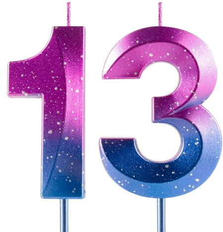 Number 13 Candles 13th Birthday Galaxy Gradient Happy Birthday Purple Blue Gradient Candle Premium Wax & 3D Diamond Design Cake Topper Decorations for Birthday Party Anniversary Celebration Supplie