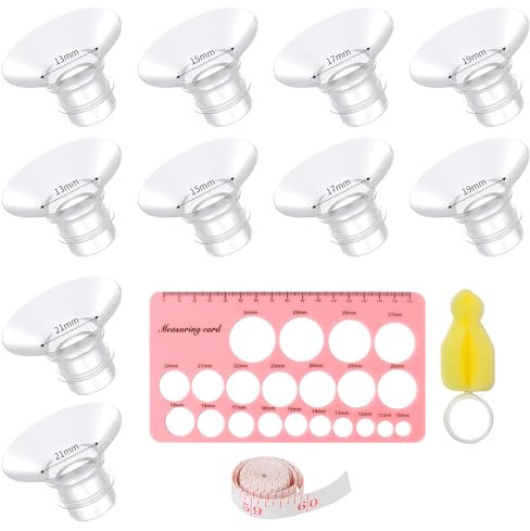 Breast Pump Flange Inserts Set – 10pcs Replacement Silicone Cushions in 5 Sizes + Cleaning Brush & Ruler – Soft, BPA-Free Compatible Pump Parts for Better Fit & Comfort (13/15/17/19/21mm)