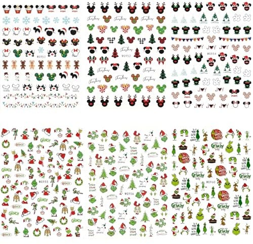 6 Blatt Nagelsticker Weihnachten,Weihnachten Nagel Sticker,Nagelaufkleber Selbstklebend,Nail ArtSticker,Nail ArtSticker Dekoration,Cartoon Nagel stickers,Funny Cartoon Green Monster Design