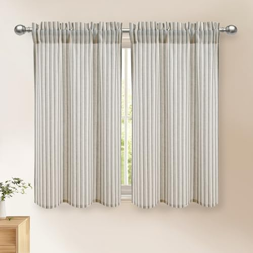 DWCN Leinenoptik Scheibengardinen Küchen Gardinen Bistrogardine 2er Set | Grau Gestreift, H120xB60cm Fenstervorhänge Halbtransparent für Kinderzimmer, Schrankvorhang Küchengardinen Landhausstil