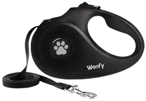 WOOFY Hundeleine große Hunde 5m (bis 50kg) – Robuste ausziehbar Rollleine mit D-Lock Schnellbremse, 360° Anti-Twist System, Automatische Hundeleine, Ausziehleine mit ergonomischem Griff – schwarz