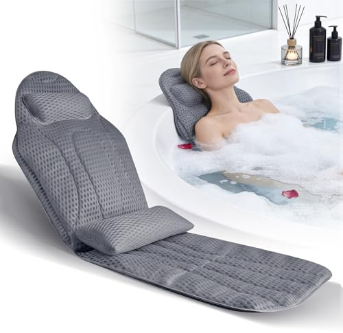 Coussin de bain Full Body avec coussin lombaire - Canapé de bain en maille 5D douce - Avec ventouses et appui-tête - 142 x 48 cm - Gris