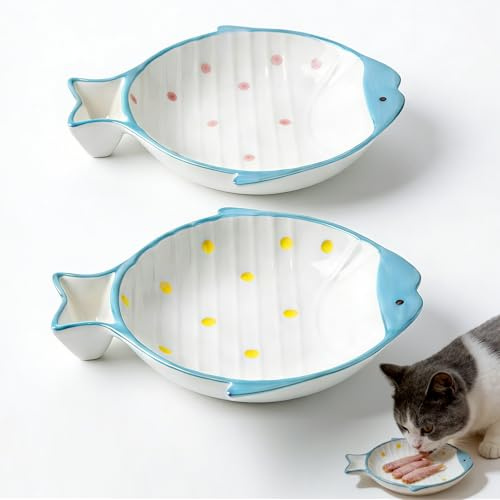 2 Pack Ceramic Cat Food Bowl Set, Cute Fish, Shallow Wide Flat, Colorful, Whisker Fatigue Cat Dishes for Food, Kitten Food Bowl, for Small Flat Pet Kitten Feeding Plates for Wet/Dry Food, Polka Dots