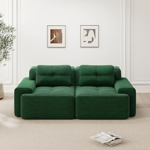 Yihomfy Canapé 2 Places Modulaire Désossé, Loveseat Small Canapé avec 2 Coussins, Confortable Velours Côtelé Cloud Canapé de Salon, sans Montage (Vert, 2 Sièges)