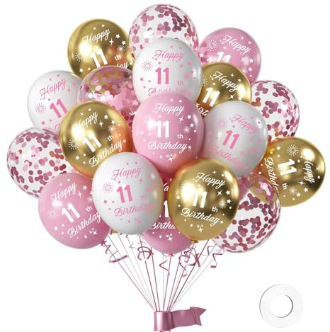 Pink White Gold 11 Geburtstag Deko,16 Stück Luftballons Geburtstag Deko 11 Jahre Mädchen,Happy Birthday Ballons Pink Gold Deko Set,Happy Birthday Ballonn für Party Dekoration,Geburtstagsparty