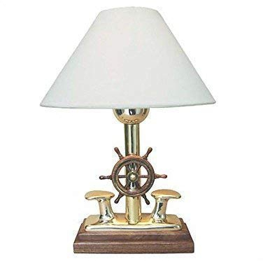 linoows Maritime Tisch Lampe, Tischleuchte mit Doppelpoller und Steuerrad, Messing 35 cm