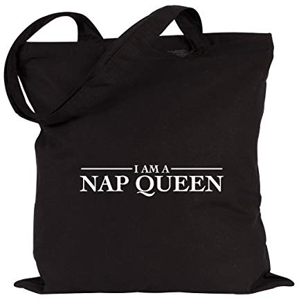 JUNIWORDS Jutebeutel, Wähle ein Motiv & Farbe, I am a Nap Queen (Beutel: Schwarz, Text: Weiß)