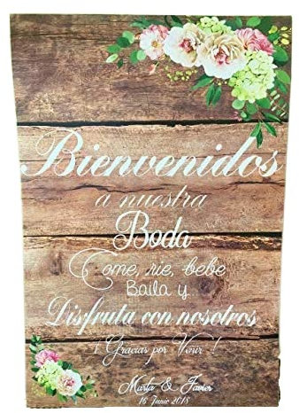 Cartel Bienvenidos a nuestra Boda flores con flores azules y fondo de madera.