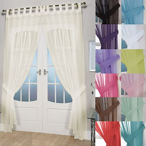 John Aird Pair Of Woven Voile Tab Top Curtain Panels. Tiebacks Included (Cream, 58 Wide x 90 Drop)