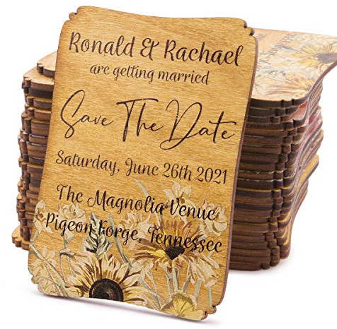 50 Personalised Painted Wood Save the Date Fridge Magnet for Rustic Wedding (Sunny Charm)