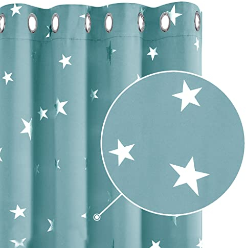 Deconovo Eyelet Blackout Curtains Thermal Insulated Noise Reducing Silver Star Foil Printed Curtains for Bedroom 52x84 Inch Sky Blue 2 Panels