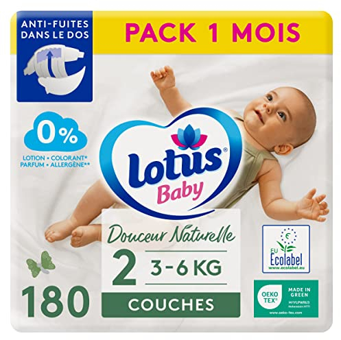Lotus Baby Douceur Naturelle – Windeln Größe 2 (3 – 6 kg/Neugeborene), Pack 1 Monat – 180 Windeln