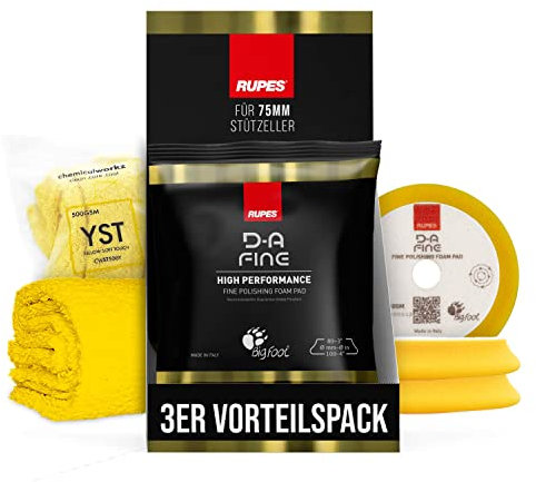 Polierpad Set: Rupes Bigfoot Polierschwamm für 75mm Stützteller - D-A Fine Ø80-100mm gelb (3 STK.) + ChemicalWorkz Premium Poliertuch 500GSM | 4-teilig