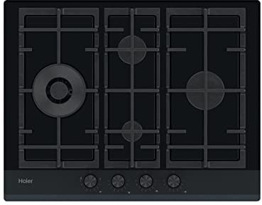 Haier Series 6 HAVG5D4HB, Placa de Gas, 4 Fuegos, Ancho 65CM, Mandos centrales, Potencia 9,65kW, 9 Niveles de Potencia, Rejillas de hierro fundido, Preci Flame, Diseño Diamante, Cristal Negro Biselada