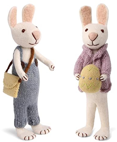Gry & SIF Osterhasen Figuren groß zum Hinstellen, aufwenidge Handarbeit mit vielen Details, Fairtrade, Osterdeko aus Filz | 1x Deko Hasen weiß mit Tasche & Osterei, 30 cm