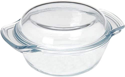 Glass Round Casserole with Lid 1L Transparent Glass Oven Safe Individual Casserole Dish Oven to Table Food Baking Cooking Serving, Round, Small 1 Litre