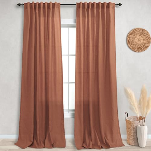 KOUFALL Leinen Vorhänge für Wohnzimmer und Schlafzimmer - Boho, Durchsichtig, Bunt, Hippie-Stil - 2 Paneele, 274 cm Lang, Terrakotta-Rost