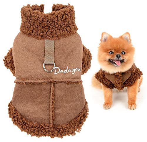 SMALLLEE_LUCKY_STORE Pet Faux Suede Jacket Sherpa Fleece Lined Winter Coat with D-ring for Small Dog Cat Boys Puppy Chihuahua Yorkie Warm Cold Weather Clothes,Brown,S