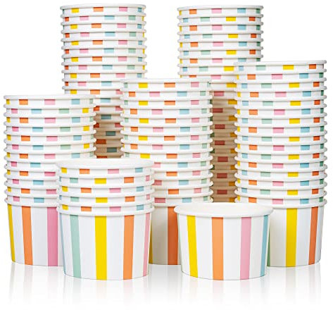 Paper Ice Cream Tubs and Soup Bowls, 100-Count, 266 ml, Sundae Stripes, Hot/Cold Paper Snack Cups, Disposable Ice Cream Cups, Soup Bowls