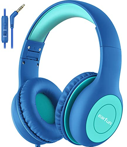 EarFun Kinder Kopfhörer, Kopfhörer Kinder mit Kabel, 85/94dB Lautstärkenbegrenzer, Faltbare, Einstellbar, Stereo Sound, HD-Mikrofon, Audio-Sharing, Over Ear Kinderkopfhörer für Schule/Tablet/PC, Blau