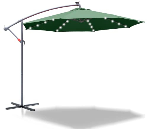 Joparri Alu Ampelschirm LED Solar Sonnenschirm Grün Ø 350 cm mit Kurbel| Ampelschirm mit Ständer | Gartenschirm Sonnenschutz UV-Schutz Aluminium | Kurbelschirm Marktschirm wasserdicht