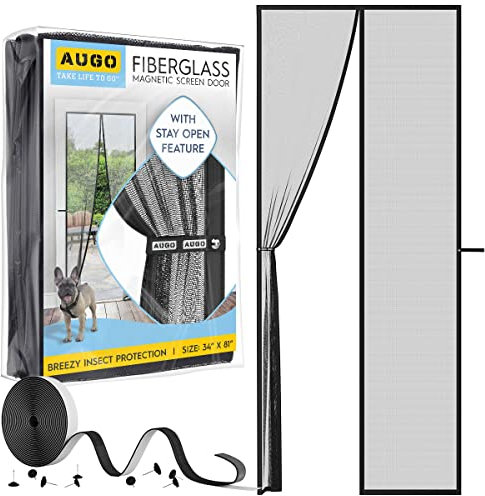 AUGO Fiberglass Magnetic Fly Screen Door - Self Sealing, Heavy Duty, Hands Free Mesh Net Partition Keeps Bugs Out - Pet and Kid Friendly - Patent Pending Keep Open Feature - 87 x 207cm