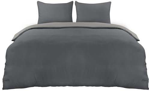 Utopia Bedding Bettwäsche 220x240 Set - Mikrofaser Bettbezug 240x220 cm + 2 Kissenbezüge 65x65 cm - Dunkelgrau/Hellgrau