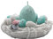 Osternestkerze, Kerze in Osternest aus Wachs, Eikerze türkis, Nest in grau, Geschenkverpackung mit grauer Schleife, 13 x 7 cm