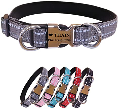 THAIN Reflective Personalised Dog Collar Engraved Custom Buckle- Soft Nylon Pet Collar with Name Plate engraved Name, Phone Number, Silent,No Noise Adjustable (XS, Gray)