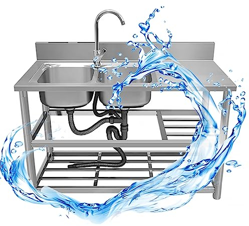 Küchenspüle Edelstahl Werkbank Spülbecken Outdoor mit Wasserhahn Outdoor Garage Garten Camping Keller Ausgussbecken mit Abfluss Sieb für Küche Werkstatt Bauernhaus Verpflegung. ( Color : Hot and cold