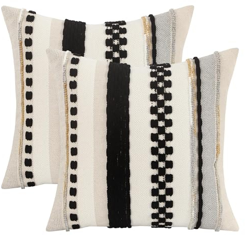 Tosleo 2er Set Kissenbezug Chenille 45x45cm Baumwollmischung Kissenhülle Sofakissen Streifen Dekokissen Boho Deko Kissenbezüge für Sofa Wohnzimmer Schlafzimmer Outdoor Kissen (Schwarz, 45 x 45 cm)