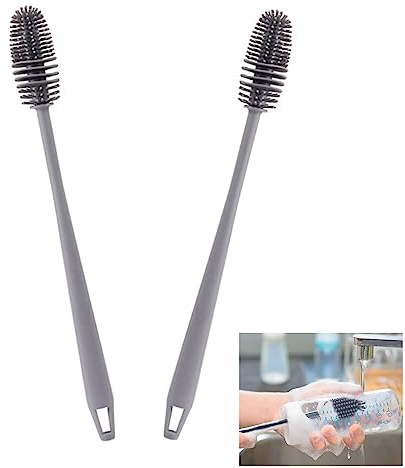 Bottle Cleaning, 2PCS Bottle Brush, Long Handle Soft Silicone Bottle Cleaner Brush, Silicone Dish Brush, 33 x 3,5CM, for Cleaning Bottles Glass Cup Thermoses Various Containers(Grey)
