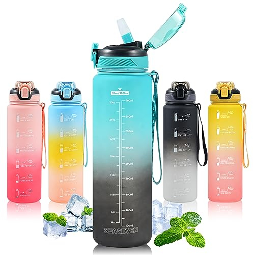 Water Bottle with Straw 1L,Boys Water Bottles with Straw 1 Litre,Waterbottle Leak-Proof Sports Water Bottle,Plastic Drinks Bottles Toxin Free,Bpa-Free (Cyan-Black)