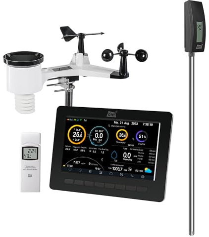 Bundle aus dnt WiFi-Wetterstation WeatherScreen PRO, Wetter- und Raumklima stets unter Kontrolle, Datenlogger-Funktion, App, Schwarz/Weiß, DNT000008 + dnt Bodentemperatursensor, DNT000020