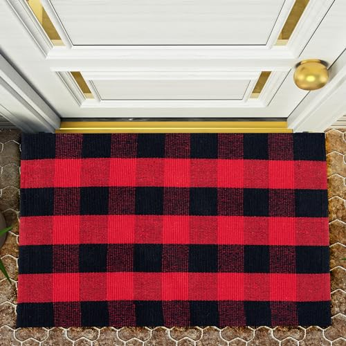 RAJRANG Tapis d'extérieur à Carreaux de Buffle 2x3 Pieds en Coton Lavable pour Porte d'entrée, Tapis Chinois à Carreaux Rouges et Noirs tissé à la Main pour Porche, Cuisine