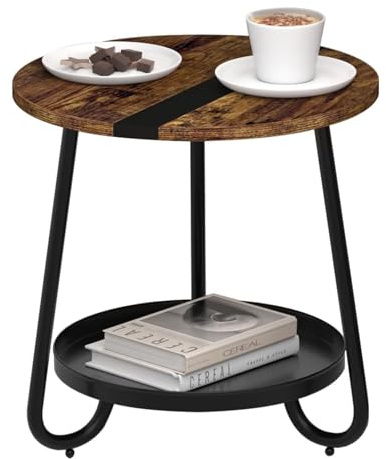 MOFAIN 2 Tier Coffee Table in Living Room, Industrial Style Round Coffee Table with Metal Tray, Wood Small Outdoor Coffee Table for Bedroom Balcony Patio, Rustic Brown