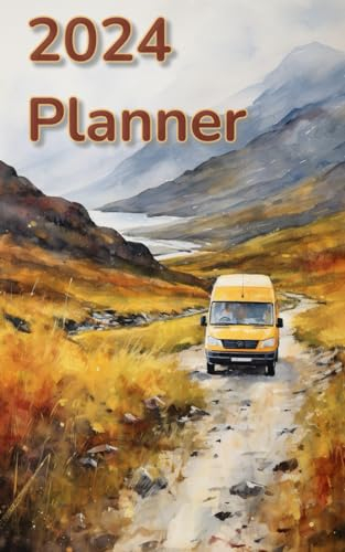 2024 planner: yellow van on cover, a week per page, checklists to customize, a few greyscale pictures of Border collie dogs inside